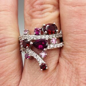 JTV Rhodolite & Vermehlo Garnets Pink Sapphire White Zircon Ring, 925 SS, Size 7
